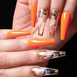 Outyua Glossy Smoke Pattern Fake Nails Coffin Extra Long Press on Nails with Degign Ballerina Acrylic Super Long False Nails 24Pcs (Orange)