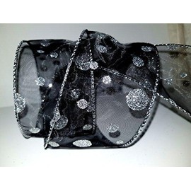 Wired Ribbon with Glitter Christmas, Birthdays, Parties (2.5" black and silver dot 5m)