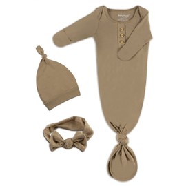 Newborn Baby Knotted Gown, Super Soft Silky Infant Long Sleeve Sleeper with Tie Bottom, Baby Girl and Boy Sleep Gown with Mittens, Bow, and Hat Set,Coming Home Outfit Camel