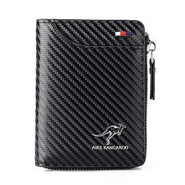 JoyMania Mens RFID Blocking Leather Wallet Credit Card ID Holder Zipper Purse Waterproof - Color: Carbon Fiber Black