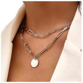 Yheakne Boho Layered Disc Necklace Silver Paperclip Chain Choker Necklace Vintage Coin Pendant Necklace Punk Chunky Chain Necklace Jewelry for Women and Girls (Silver)