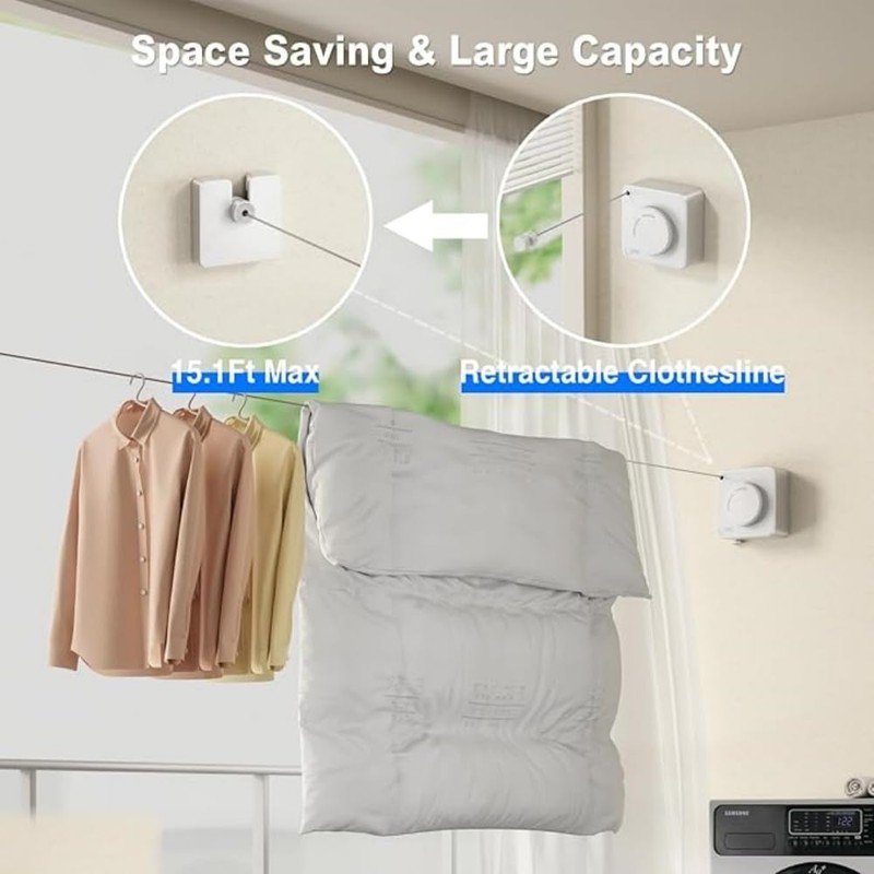 Retractable Clothesline Indoor, Non-Sagging Clothes Line Indoor & Outdoor,15.7Ft Heavy