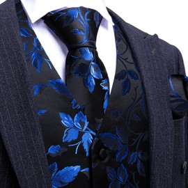 Barry.Wang Blue Black Flower Vest Waistcoat Formal Dress Tuxedo Classic Tie Handkerchief Cufflink Paisley