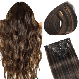 Clip in Hair Extensions Real Human Hair, Seamless Balayage Human hair Clip ins Extensions for Women Invisible Straight 8Pcs Double Weft Natural Black Highlight Chestnut Brown 16inch 90g