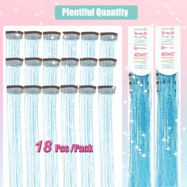 18pcs Hair Tinsel Clip in Hair Tinsel Kit Glitter Tinsel Hair Extensions 20Inch Sparkling Fairy Hair Tinsel Shiny Hair Accessories for Women Girls Kids (Sky blue)