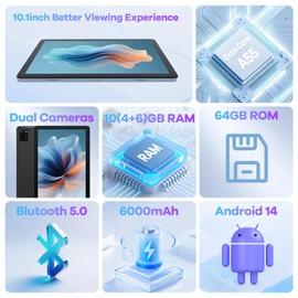 DigiLand 10.1" HD Touchscreen Electronics Tablet, Android 14, Octa-core Processor, 10GB RAM + 64GB ROM, Dual Cameras, 6000mAh Battery, Ideal for Office and Study (Blue)