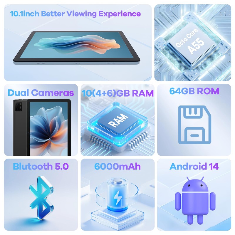DigiLand 10.1" HD Touchscreen Electronics Tablet, Android 14, Octa-core Processor,