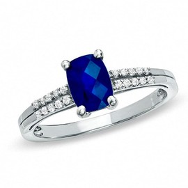 Tirafina Cushion Cut Lab Created Blue Sapphire with Lab-created White Sapphires Ring, Style Also Available in Natural Gemstones and White Topaz, Sterling Silver Band Birthstone Rings 7x5 stone