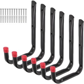 Fishlead 6 Piezas Ganchos de Garaje, Gancho Bicicleta Pared, Ganchos de Almacenamiento de Utilidad, Ganchos en J Negros con Tornillos, para Organizar Herramientas de Jardín, Escaleras, Mangueras