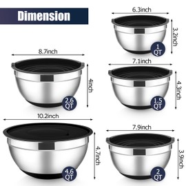 E-far Stainless Steel Mixing Bowls with Lids Set, 5-Piece Nesting Salad Bowls with 3 Grater Attachments and Non-Slip Bottoms, Size 4.6, 2.6, 2, 1.5, 1QT for Kitchen (Black)