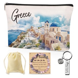SEAOYOZO Greece Makeup Bags Gifts for Women, Greece Travel Essentials Cosmetic Bag with Keychain and Bracelet, Travel Toiletry Organizer Zipper Pouch for Girls Besties Friend BFF Mom Sister Daughter