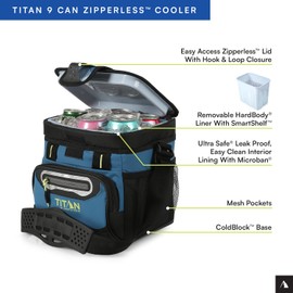 Titan by Arctic Zone 9 Can Zipperless Soft Cooler with HardBody Liner, Marine Blue