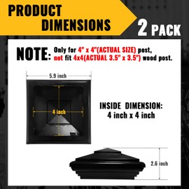 VIVIDA 4" Vinyl Fence Post Cap (Actual 4" x 4"), New England Pyramid Style, PVC Square Fence Top Cover, for Vinyl Post, Mailboxes & Decks, Black, 2 Pack