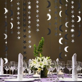 Cheerland Black Silver Moon Garland Twilight Birthday Decoration Star Streamer Gothic Party Decor Garland Ramadan Eid Mubarak Glitter Banner Celestial Wedding Baby Shower Halloween Summerween Decor