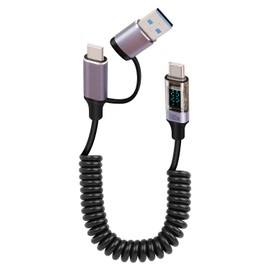 YANBORONSN PD 100W 2 in 1 USB A to USB C Coiled Fast Charging Cable with LED Display,Support Wattage for Tablet PC,Phones