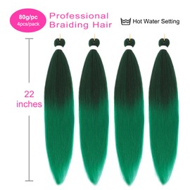 Sakkou 22inch Dark Green Ombre Braiding Hair Pre Stretched 4pcs/pack Black-Green Braiding Hair Extensions For Braids Hot Water Setting Styles(1B/Green)