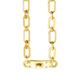 18K Gold Plated Turn Lock Necklace，Classical Fashion Stainless Steel Chain Necklace for Men and Womens