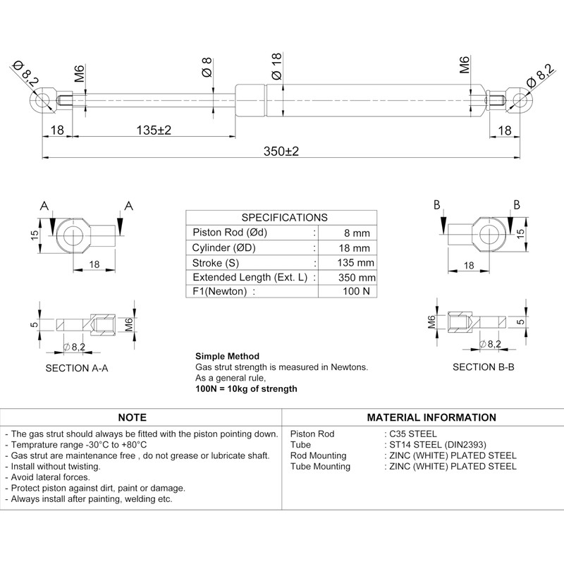 Universal Gas Struts Spring Eyelet | 100-1000 Newton | Length