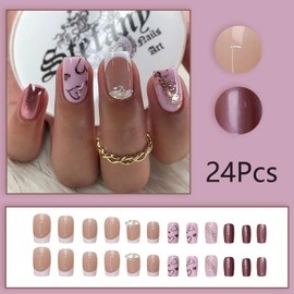 24 Pcs Heart Press on Nails Short Medium Fake Nails Natural & Fit False Nails with Glitter Sequin Designs Valentines Nails Press ons Full Cover Glue on Nails Glossy Artificial Stick on Nails for Women