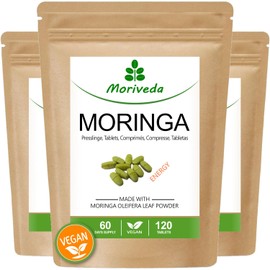 MoriVeda Moringa Energy Tabletten 3800mg - 180 Tage Vorrat - Moringa hochdosiert, mit Vitaminen, Proteinen & Aminos?uren in Ayurveda Spitzen-Qualit?t - Vegan & Glutenfrei - von MoriVeda - 360 Presslinge