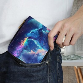 Dngkaoje Animals Wolf Print Small Leather Wallets for Men with Zipper,Blue Wolf Print Credit Card Wallet for Mens PU Leather Clutch Zipper Purse Organizer Mini Purse Bag with Multiple Card Slots