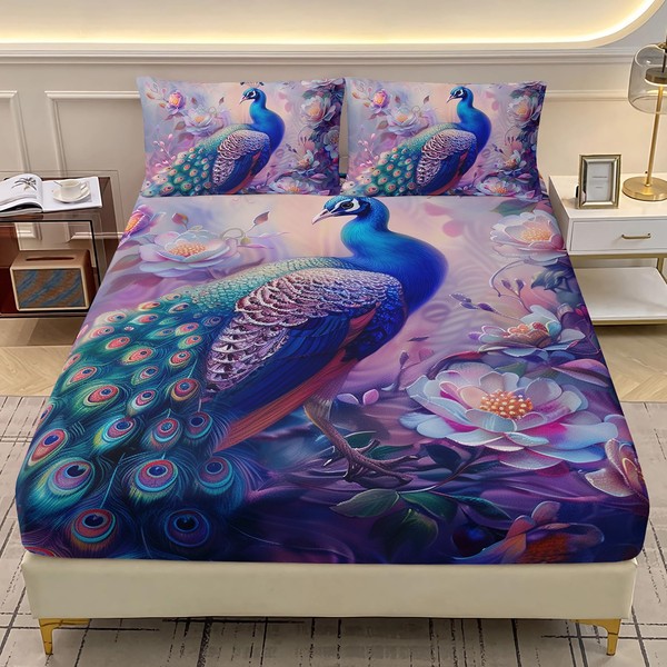 AILONEN Beautiful Peacock Fitted Sheet Set,Purple Bird Peacock Bedding Set