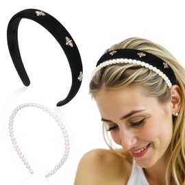 Hpmjz Black Velvet Headband White Pearl Hairband Vintage Fashion Hair Accessories with Bee Accents Cute Wide Hair Band for Women Wedding Music Festival Beach Party Makeup Washing Face