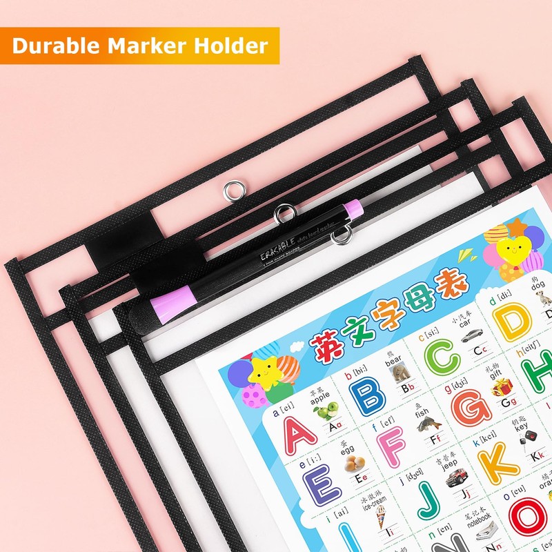 Dry Erase Pockets Sleeves with Rings, Black, 20 Pack
