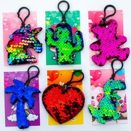 24 PC Valentine Keychain, Class Valentines, Classroom Valentines, Valentines Kids Class, Sequin Valentines Cards & Gift Bags, Valentines for Class - Style 1: set 3