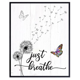 Inspiration Just Breathe Wall Art - Rustic Shabby chic Country Farmhouse Wall Art - Motivation positive Quotes Wall Decor - Meditation Zen Wall Decor for Woman - Bedroom Living room Home Office 8x10