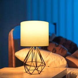 Aigostar Table Lamp, Small Bedside Lamp, Modern Hollow Block Design Table Lamp, Desk Lamp with White Fabric Shade and Metal Base, E14 Base, Perfect for Decorating Any Room - Gold