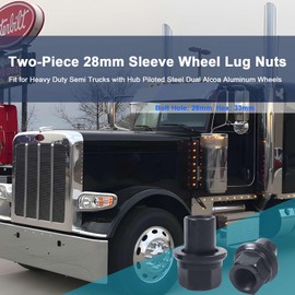 6 Pack Two-Piece 28mm Sleeve Wheel Lug Nuts Fit for Heavy Duty Semi Trucks with Hub Piloted Steel Dual Alcoa Aluminum Wheels, M22x1.5 Flanged, 33mm Hex, 26mm Bolt Hole, Black, Torque 450-500 ft-lbs