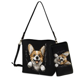 Sannovo 2PC Leather Purse and Wallet Set for Women Lady, Corgi Print Large Bucket Bag with PU Wallet Crossbody Bucket Tote Bag with Removable Adjustable Strap, Black