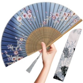 OMyTea Foldable Hand Fan for Women - Foldable Chinese Japanese Bamboo Silk Fan - for Hot Flash, Church, EDM, Music Festival, Party, Dance, Decoration, Gift (Gray Redbud)