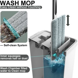 BOSHENG Mop and Bucket with Wringer Set, Flat Floor Mop and Bucket, with 2 Mops and 4 Microfiber Cleaning Cloths for Floor Cleaning, Wet and Dry Use