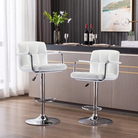 Vogue Furniture Direct Modern PU Leather Square Bar Stools, Adjustable Swivel Barstools with Back and Arms, Airlift Counter Height Chairs for Kitchen Dining Pub Cafe Set of 2 (Pearl White)