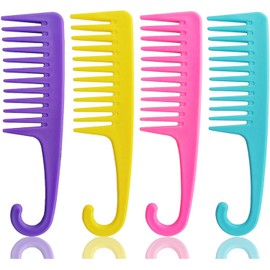 4 Pcs Wide Teeth Combs for Shower, Detangling With Hook - Wet and Dry Hair Wide-Tooth for Women's Everyday Use and Beauty Salon (Multiple colors, 22.5 * 6CM)
