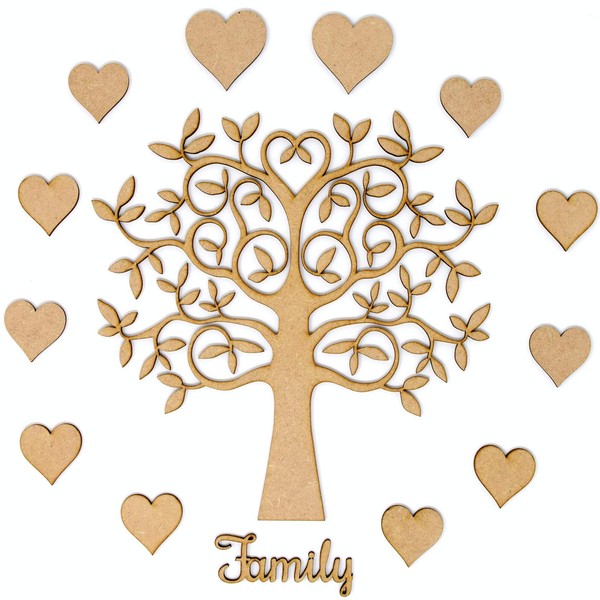 Family Tree Set Kit - MDF Tree, 12 x Hearts and Family Wording. Make Your own Family Tree (20cm)