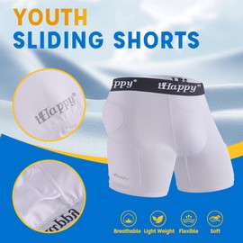 IHAPPY Youth Sliding Shorts with Soft Protective Athletic Cup, Boys Padded Slider for Baseball, Football, Lacrosse White