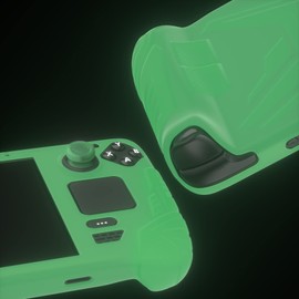 PlayVital Armor Series Ergonomic Case for Steam Deck LCD, Protective Silicone Protector with Back Button Enhancement & Thumb Grips for Steam Deck - Glow in Dark Green