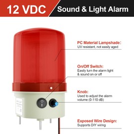 Industrial LED Rotating Strobe Warning Light, 12 VDC Sound & Light Alarm with Knob and Switch, 105-110 dB Volume Adjustable, Red Emergency Alarm Light for Indoor/Outdoor Use