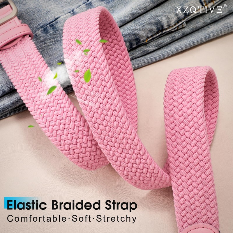 XZQTIVE Women Elastic Braided Belt with Silver Buckle, Woven Stretch