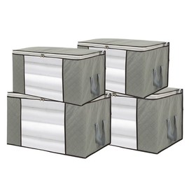 4 Pack Foldable Large Storage Bags 28 x 20 x 12 (L x W x H) inch for Comforter Quilt Blanket Clothes with Clear Window & Handles - Easy to Fit King Size Comforter Set - Closet Under Bed Organizer