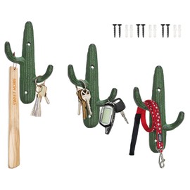 Comfify Set of 3 Hooks Cast Iron Cactus Double Wall Mounted Hooks/Hangers - Decorative Wall Mounted Hooks for Coats, Bags, Towels and More - w/Screws and Anchors Included - Rustic Green