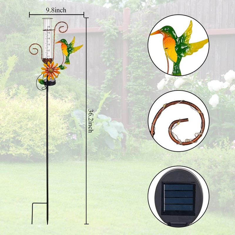 Stargarden Hummingbird Rain Gauge Outdoor,Metal Solar Rain Gauge Decorative Waterproof