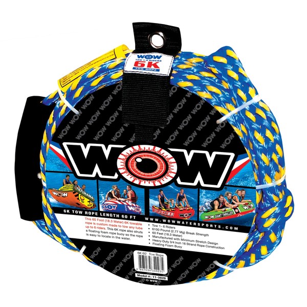 WOW Sports 6k 60 ft. Tow Rope with Floating Foam Buoy 1 2 3 or 4 Person Tow Rope for Boating, 11-3020