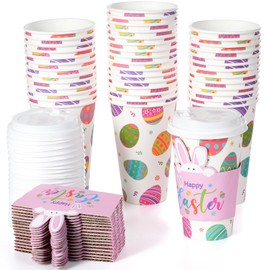 50Set 16oz Easter Cups with Lids and Sleeves, Disposable Paper Cup Bulk Cute Colorful Eggs Paper Drinking Cups for Easter Spring Party Decorations and Supplies