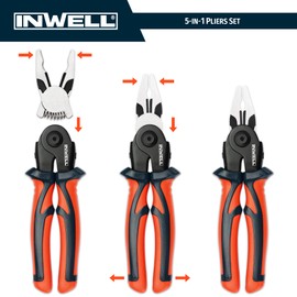 Inwell 5 IN 1 Plier Tool Set - Includes Cable Cutters, Wire Stripper, Crimping Plier, Linesman Pliers, Scissor, Multipurpose Combination 8 Inch Pliers with Storage Case