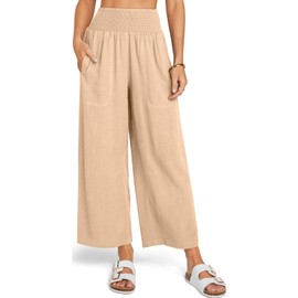 TARSE Womens Wide Leg Linen Pants Dressy Casual Smocked Elastic High Waisted Palazzo Business Comfy Trousers with Pockets Boho Beach Loose Vacation Travel Dressy Pants Fashion Clothes Outfits Khaki M
