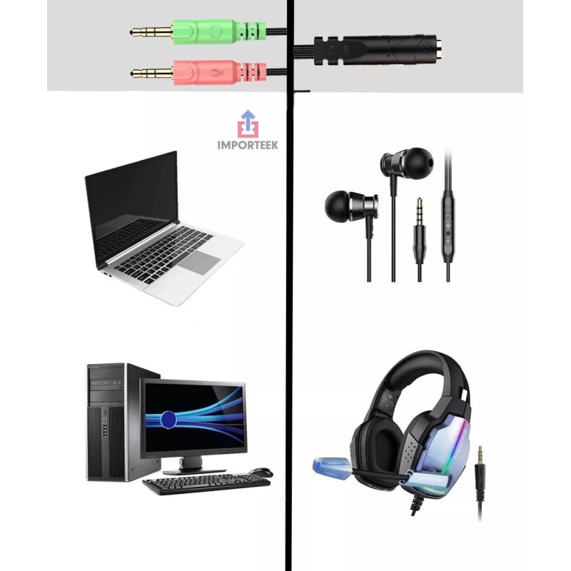 Importeek Adaptador Audio Estereo Microfono Audifonos Auxiliar 3.5mm